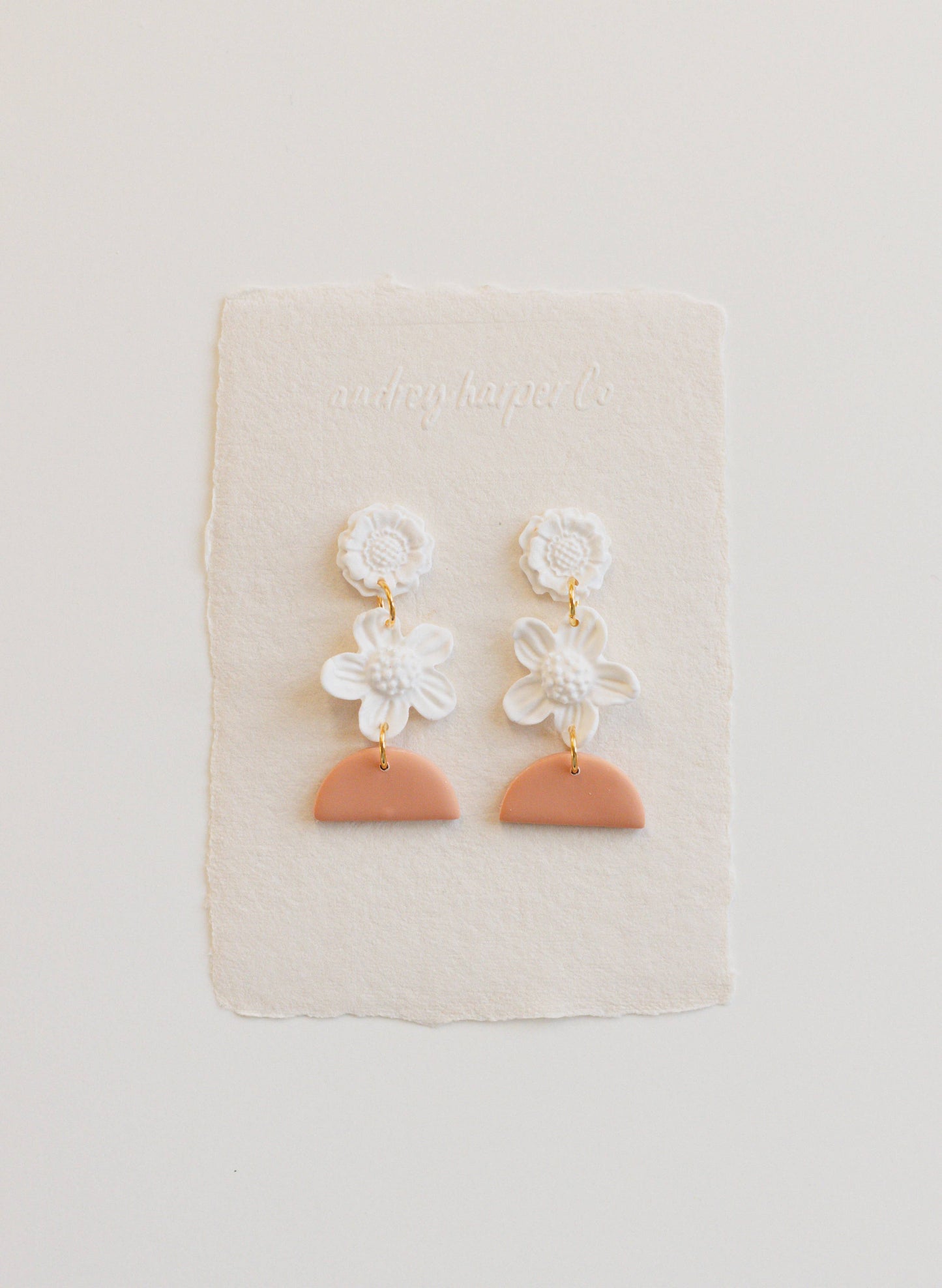 Dangling White Flower Clay Earrings
