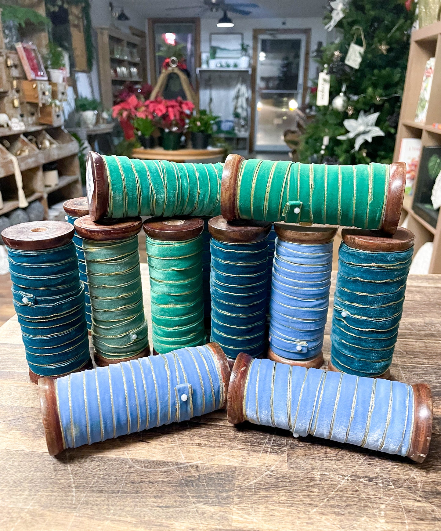 Blue & Green Toned 10 Yard Velvet Ribbon on Wood Spool