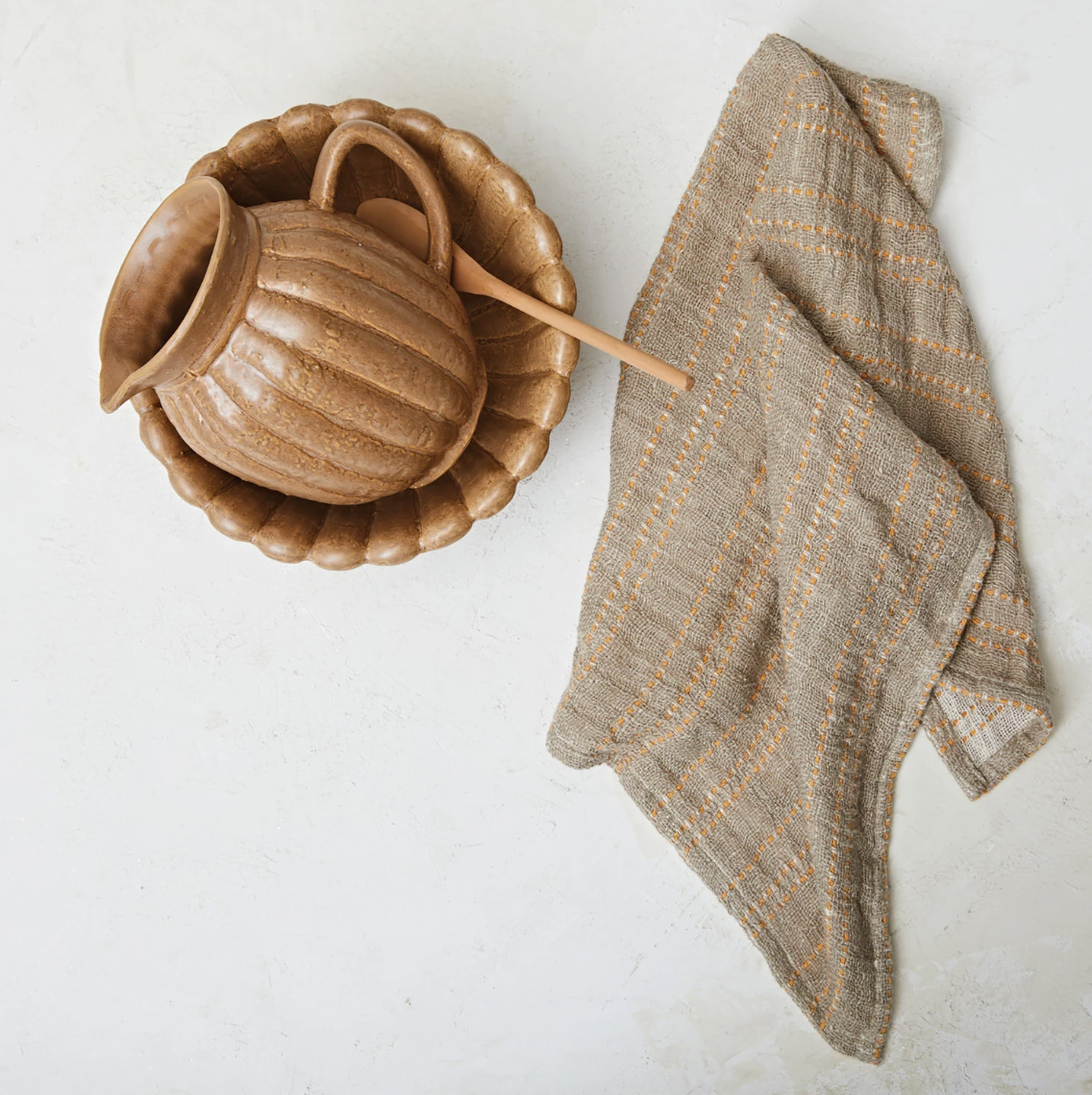 Tan & Pumpkin Colored Woven Cotton & Linen Tea Towel