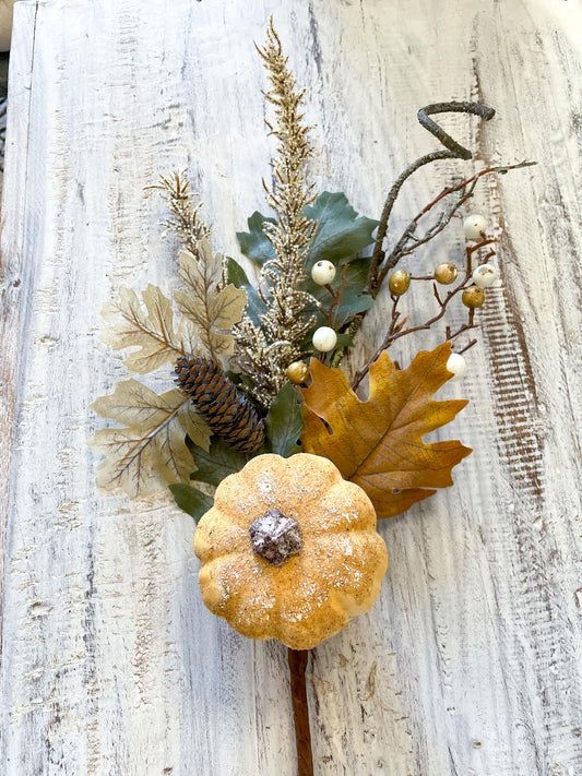 Faux Twig and Oak Leaf Pick with Pumpkin, Pinecone and Berries