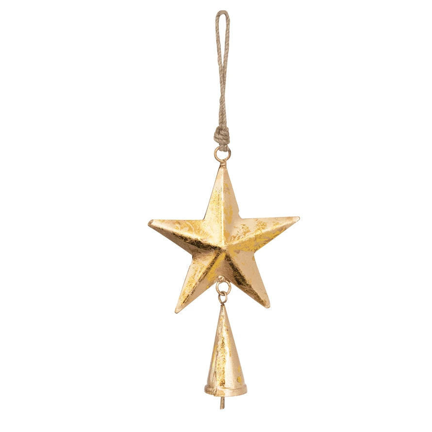 Antique Gold Metal Star Ornament with Bell